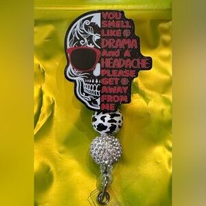 Smell like Drama and Headache badge reel with beads